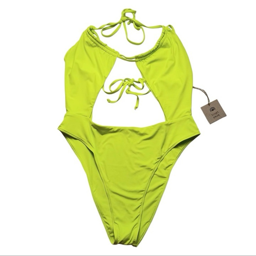 Toast Swim Neon Kiwi Cutout One Piece Swimsuit Multiway Halter M NWT - Picture 5 of 10